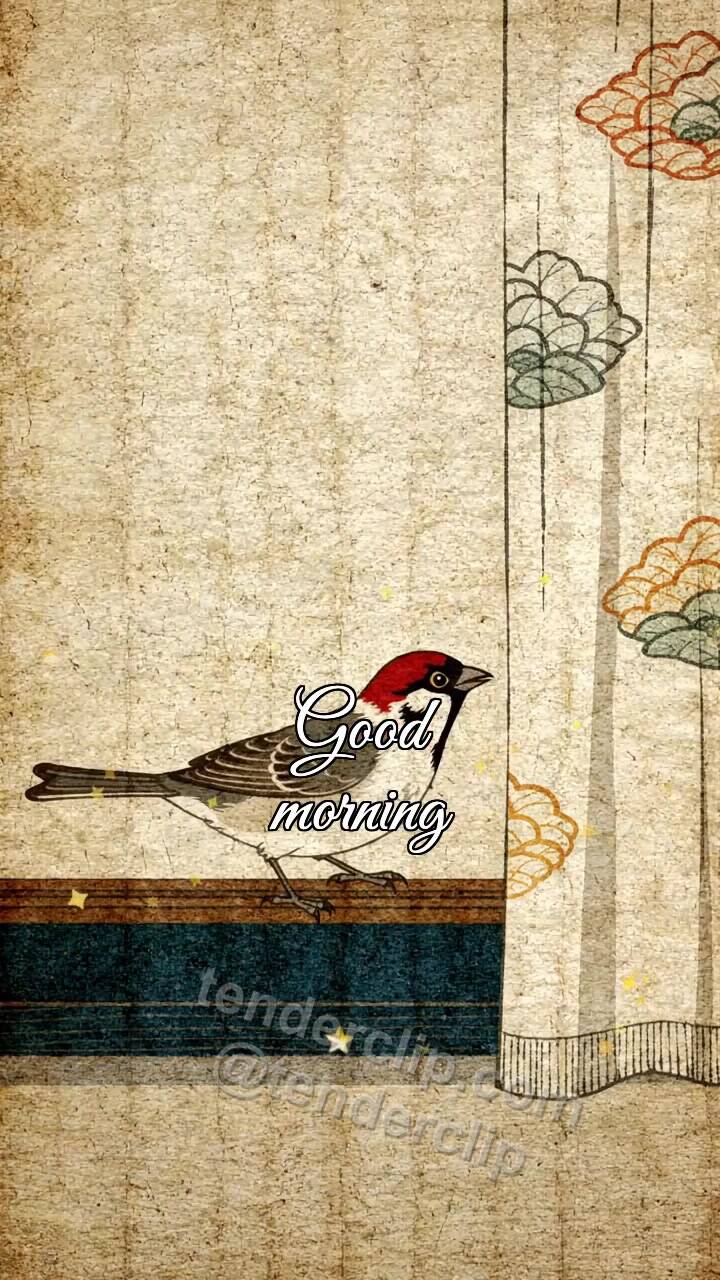 Animated greeting card about Good morning: a sparrow opens the window view