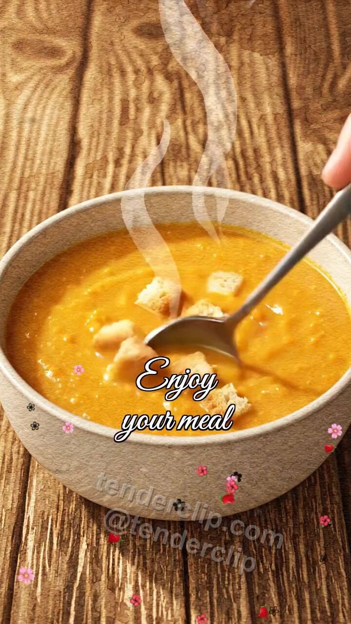 Animated greeting card about Enjoy your meal: steam rises above soup bowl