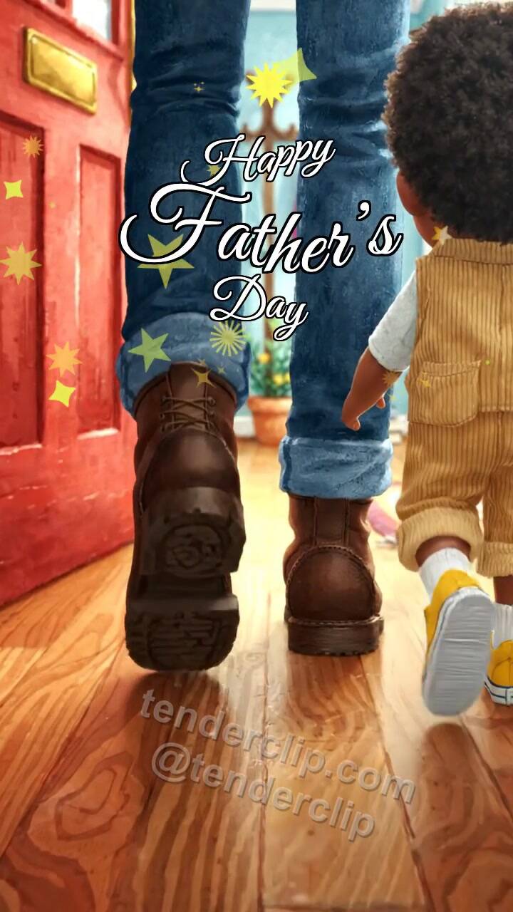 Animated greeting card about Happy Father’s Day: big boots and small steps