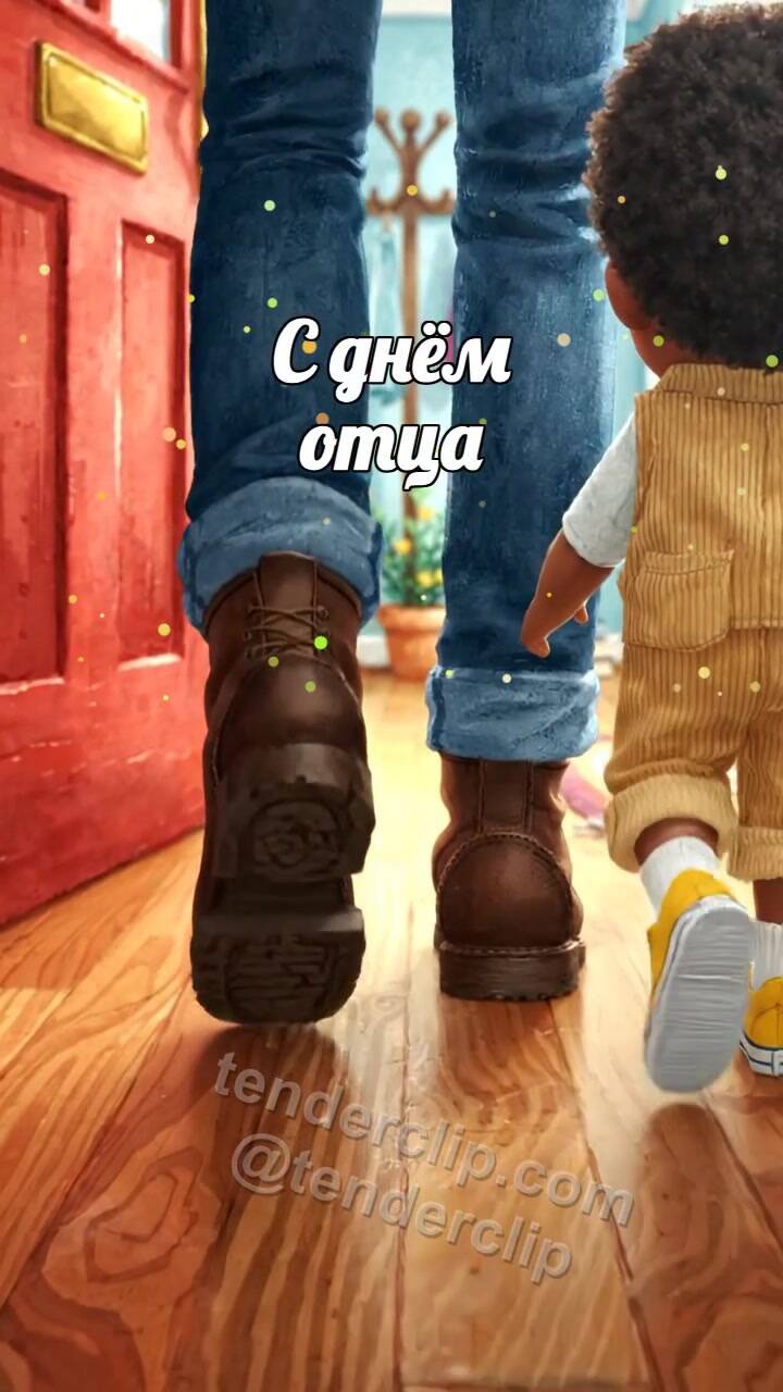 Анимационная открытка на тему С днём отца: два больших ботинка и маленькие шаги рядом