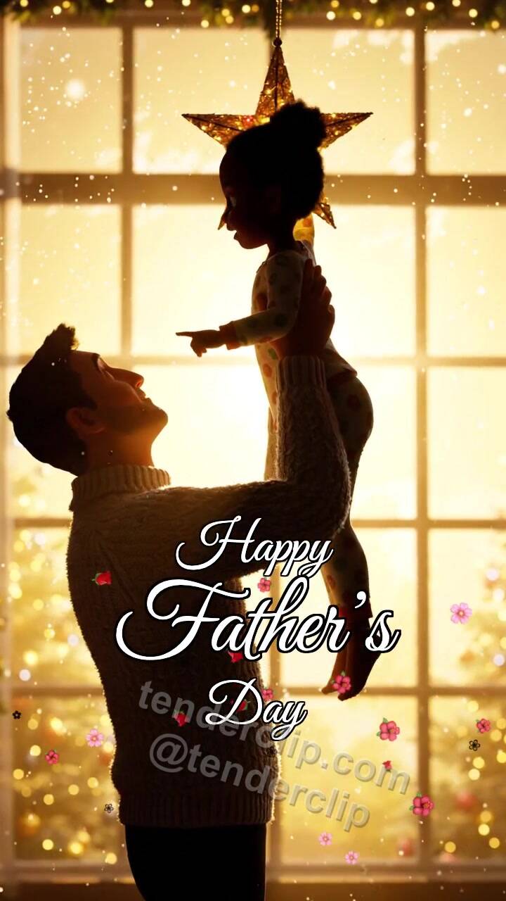 Animated greeting card about Happy Father’s Day: dad lifts a child to a star