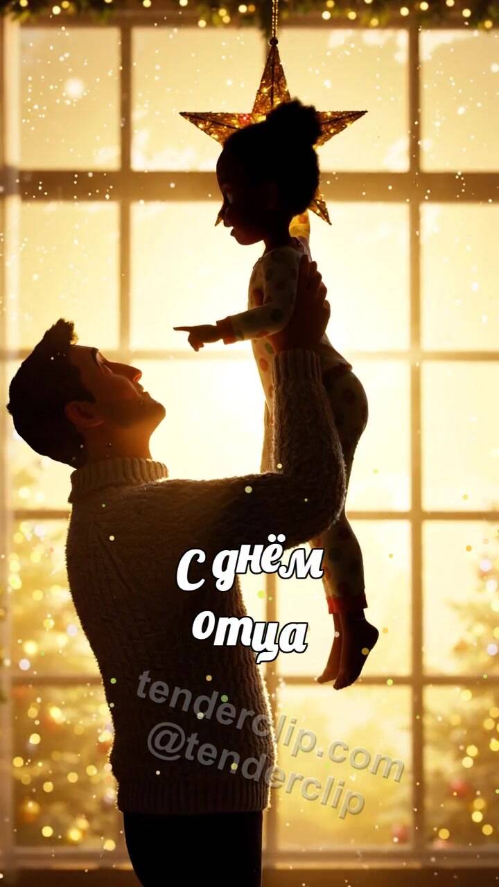 Анимационная открытка на тему С днём отца: папа поднимает ребёнка к звезде