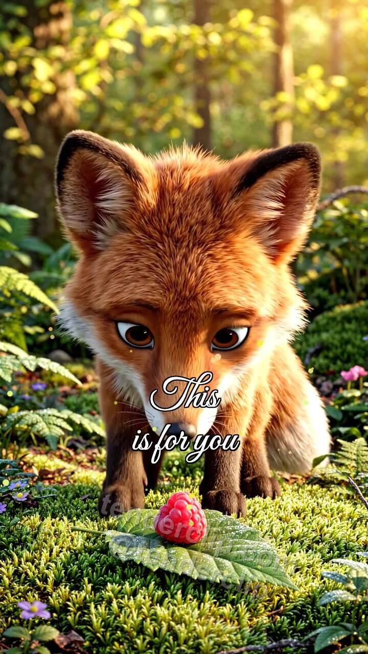Animated greeting card about This is for you: fox cub brings a berry