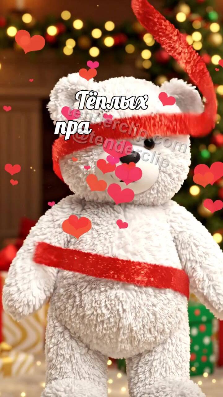 Анимационная открытка на тему Тёплых праздников: мишка запутывается в серпантине
