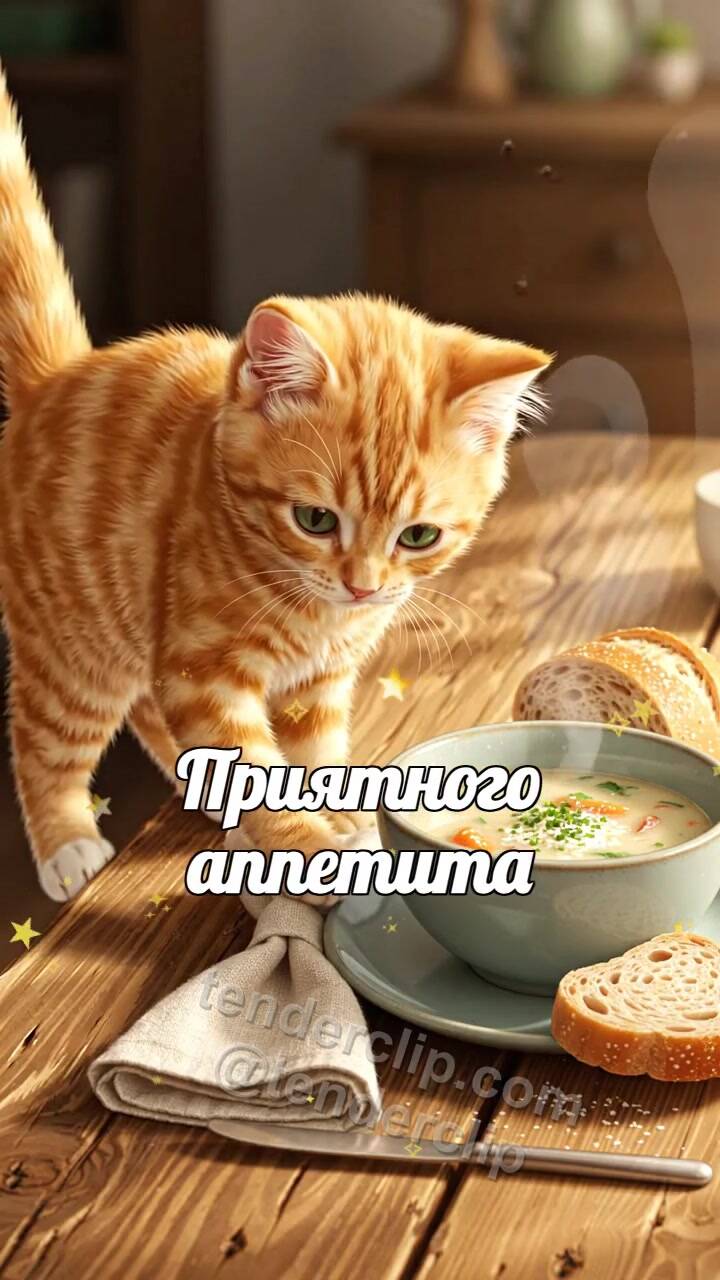 Анимационная открытка на тему Приятного аппетита: котёнок ставит хлеб к тарелке