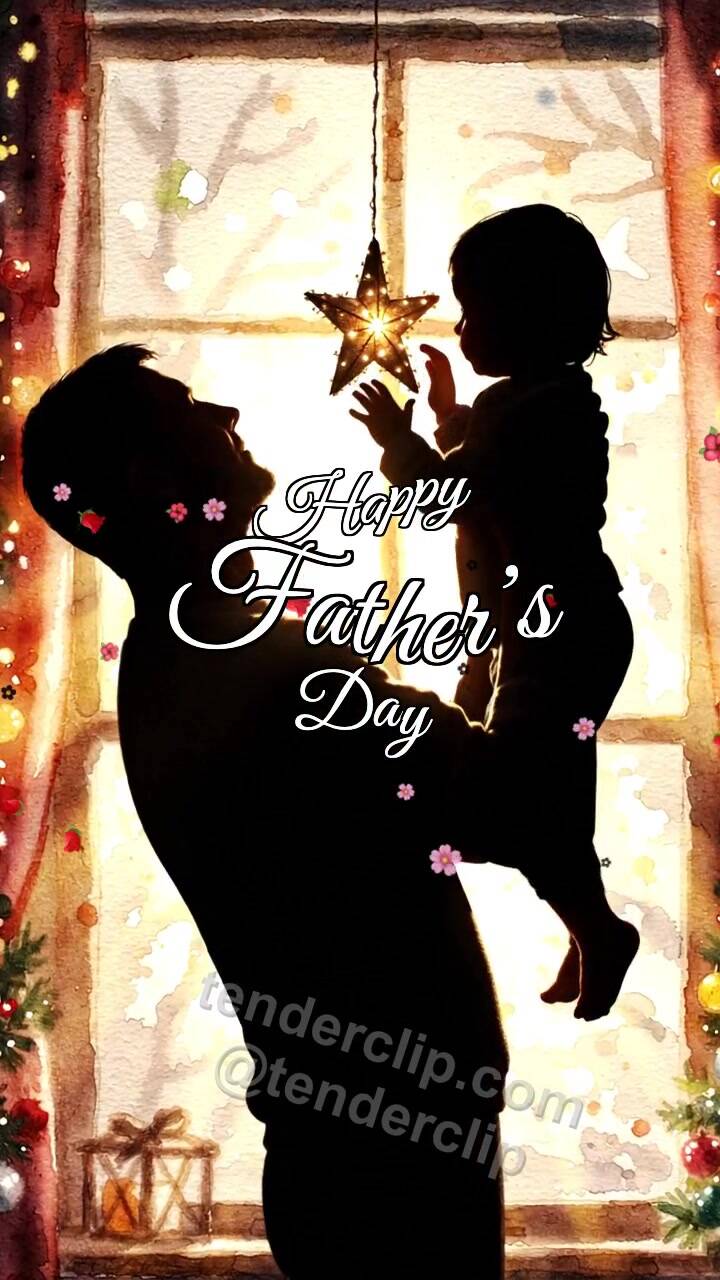 Animated greeting card about Happy Father’s Day: dad lifts a child to a star