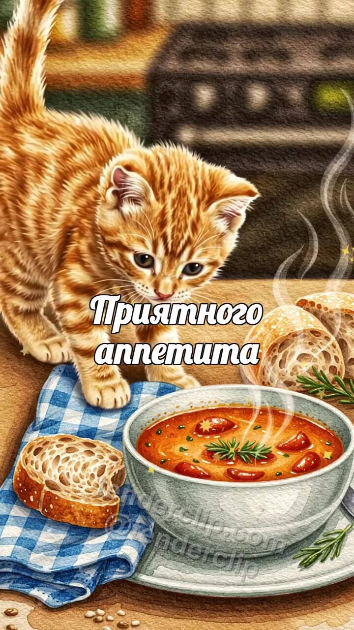 Анимационная открытка на тему Приятного аппетита: котёнок ставит хлеб к тарелке