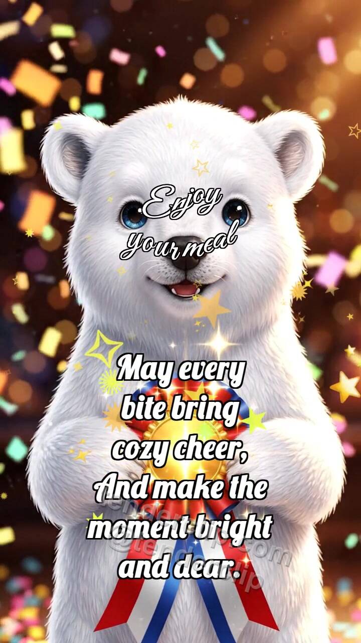 Animated greeting card about Enjoy your meal: Bear Cub Holds Ribbon