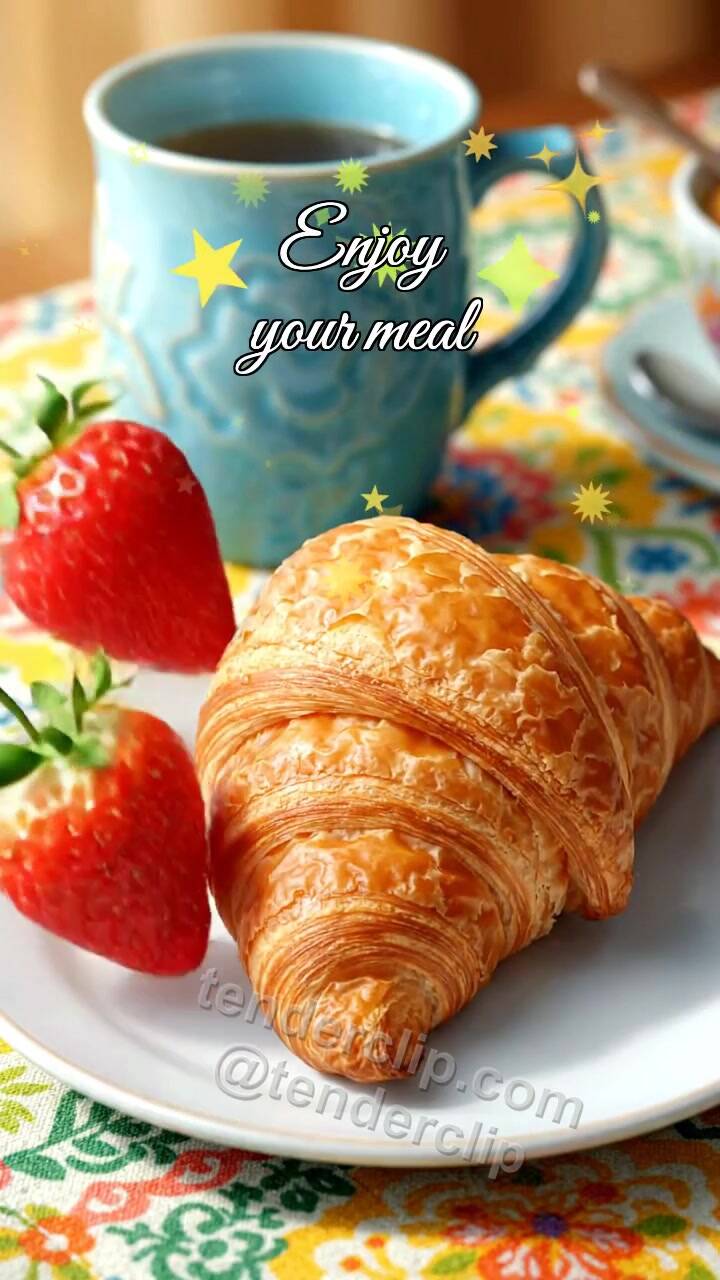 Animated greeting card about Enjoy your meal: croissant opens breakfast plate