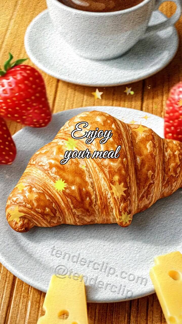 Animated greeting card about Enjoy your meal: croissant opens breakfast plate