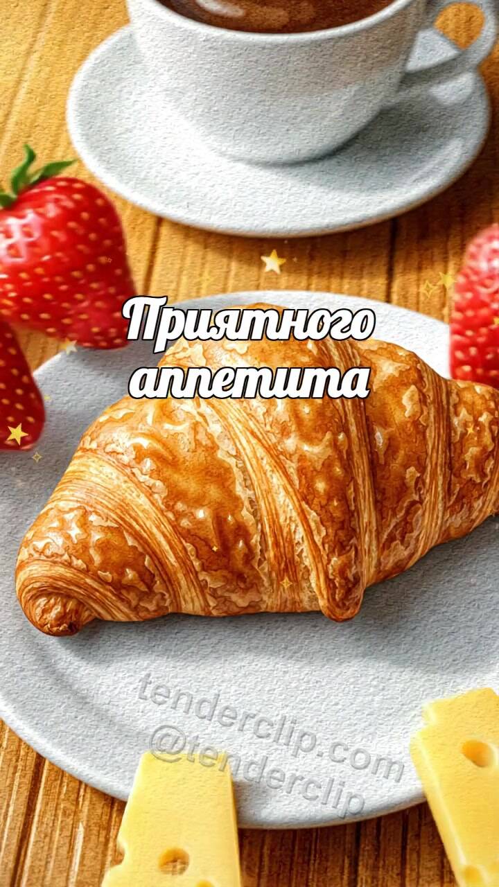 Анимационная открытка на тему Приятного аппетита: круассан раскрывает завтрак
