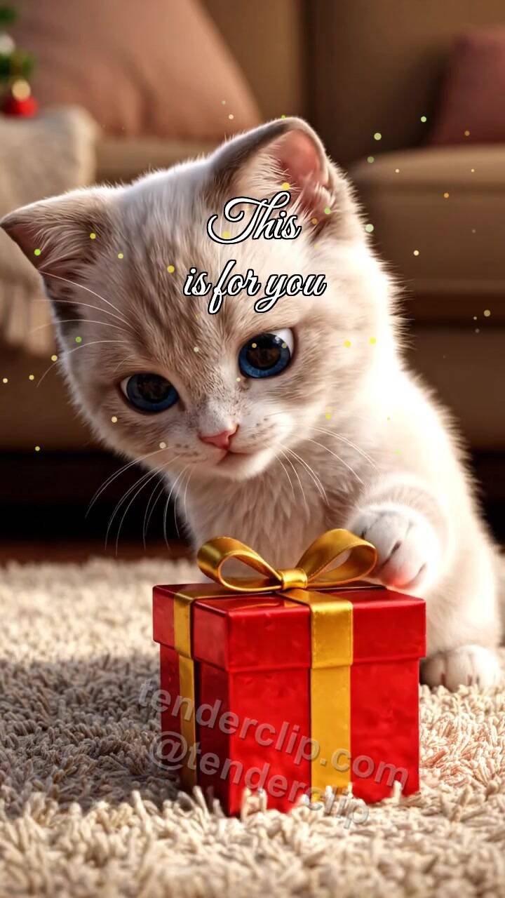 Animated greeting card about This is for you: kitten nudges a small box