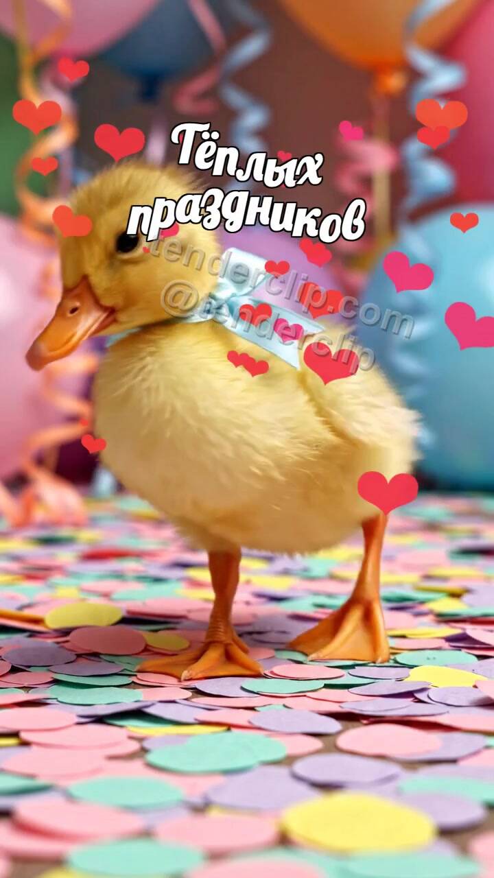 Анимационная открытка на тему Тёплых праздников: утенок стряхивает конфетти