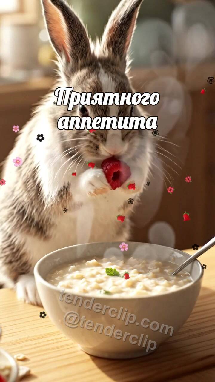 Анимационная открытка на тему Приятного аппетита: зайчонок приносит ягоду к каше