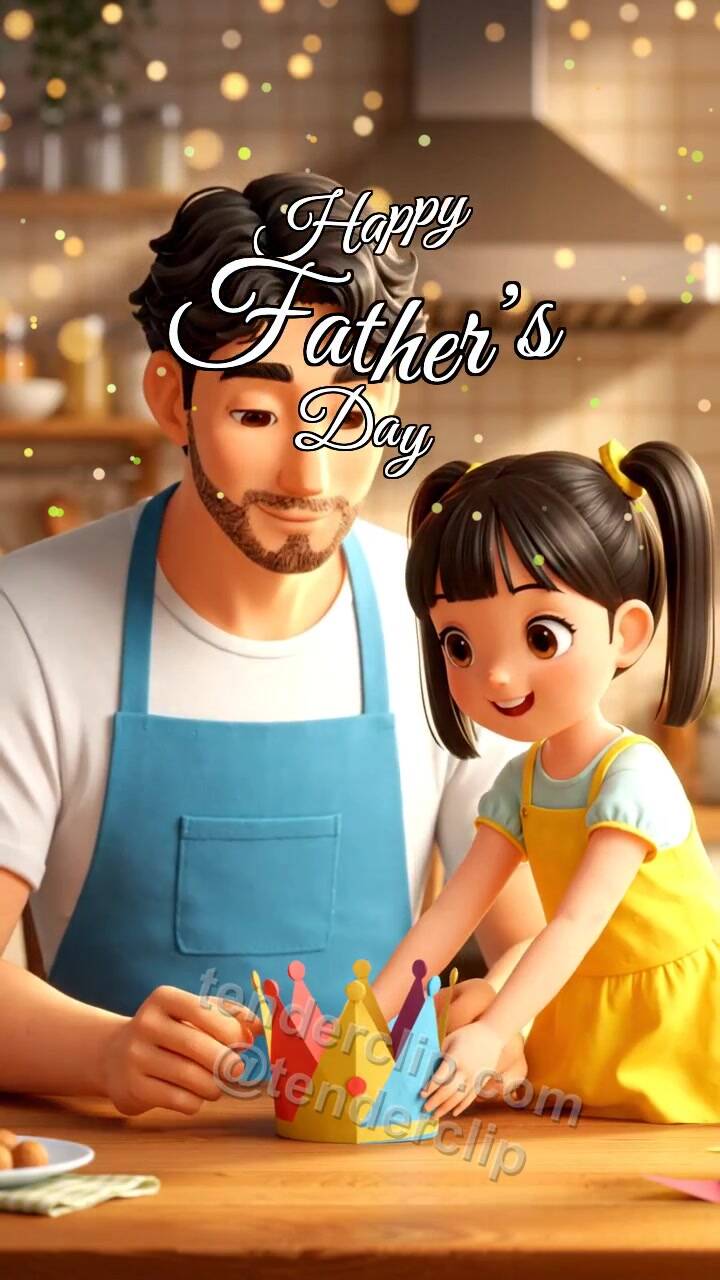 Animated greeting card about Happy Father’s Day: child gives dad a small crown
