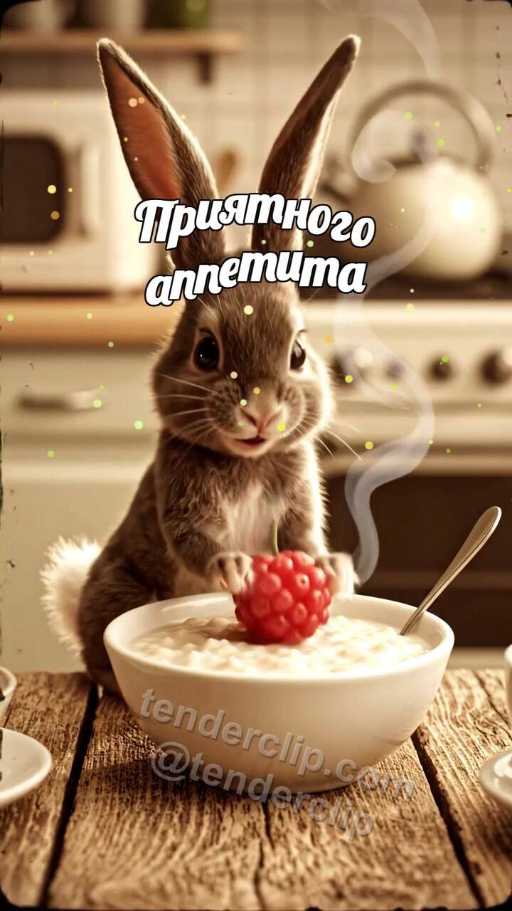 Анимационная открытка на тему Приятного аппетита: зайчонок приносит ягоду к каше