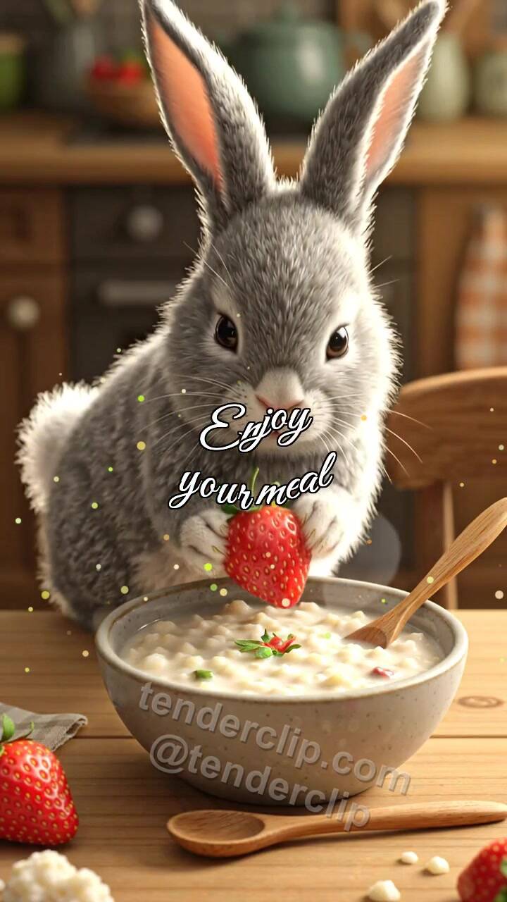 Animated greeting card about Enjoy your meal: bunny brings berry to porridge