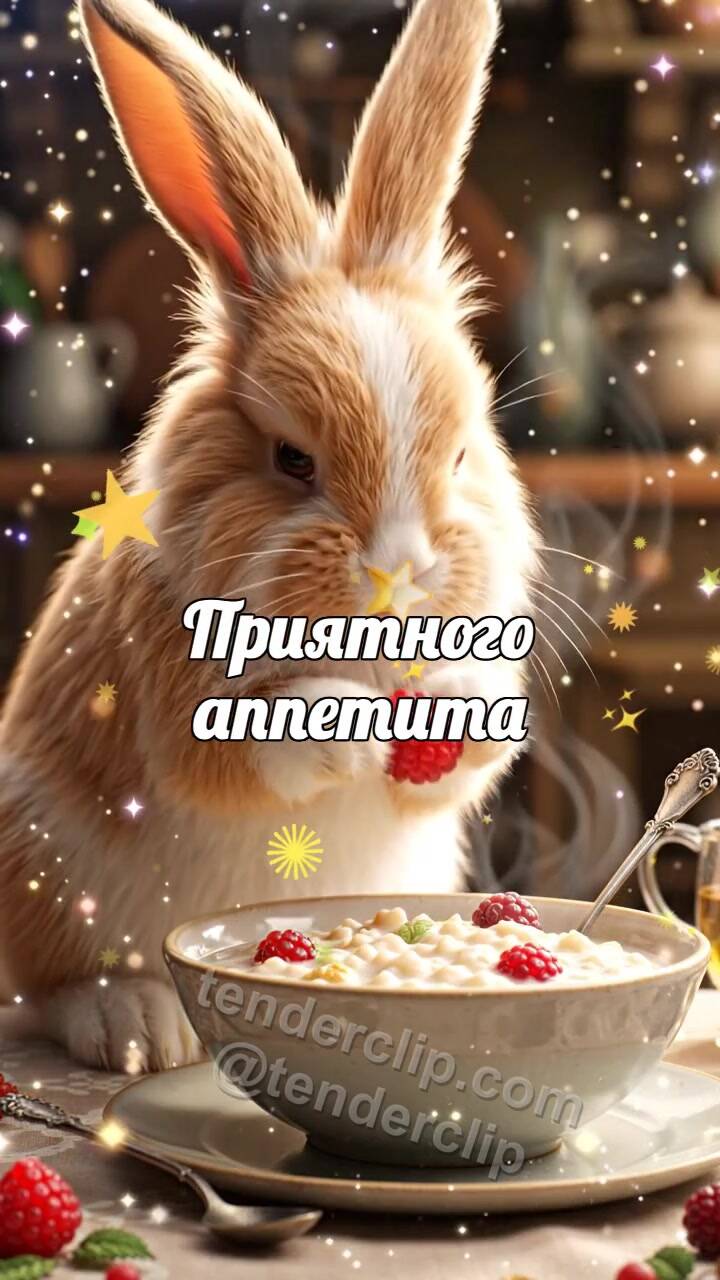 Анимационная открытка на тему Приятного аппетита: зайчонок приносит ягоду к каше