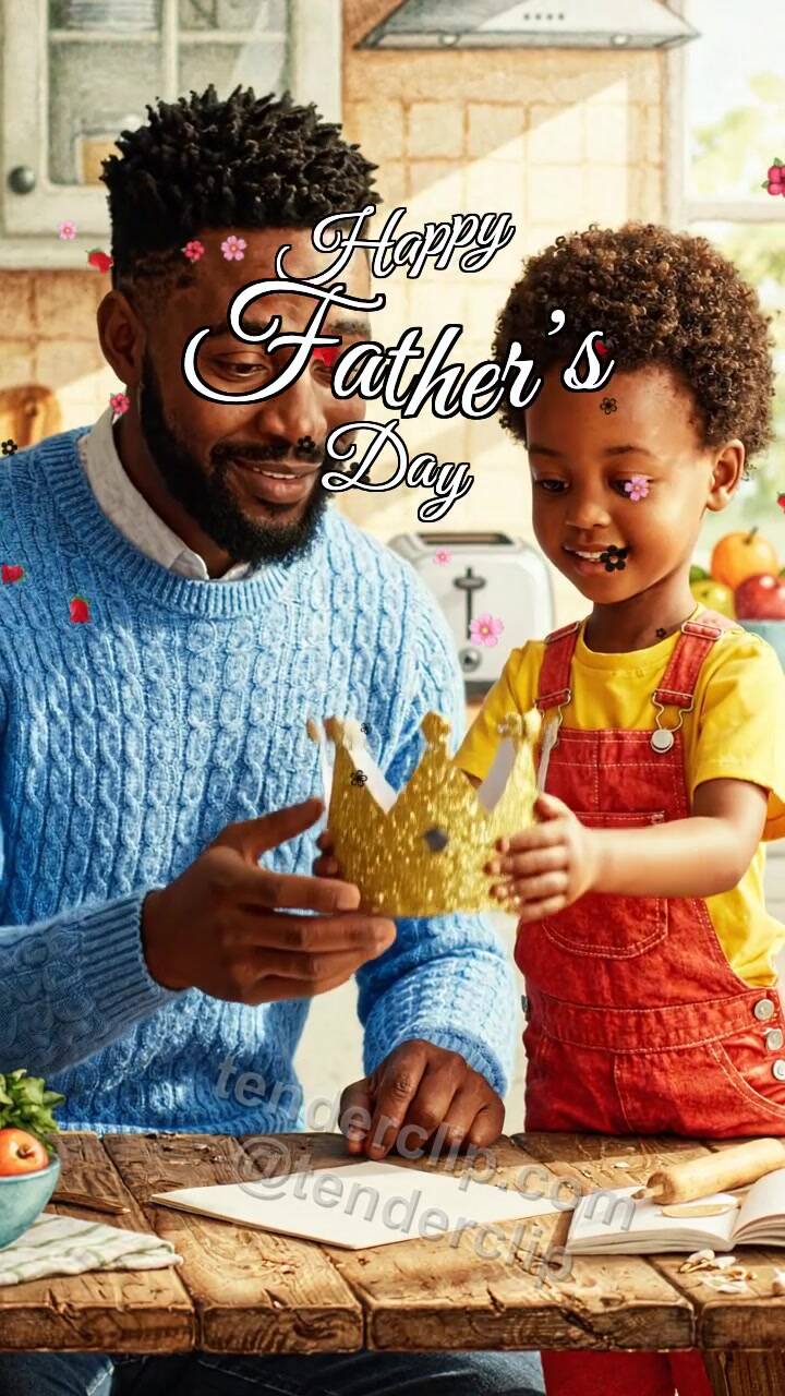 Animated greeting card about Happy Father’s Day: child gives dad a small crown