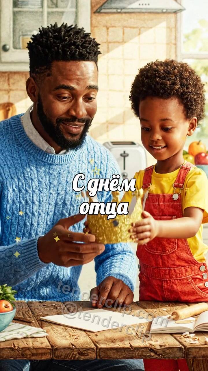 Анимационная открытка на тему С днём отца: ребёнок дарит папе маленькую корону