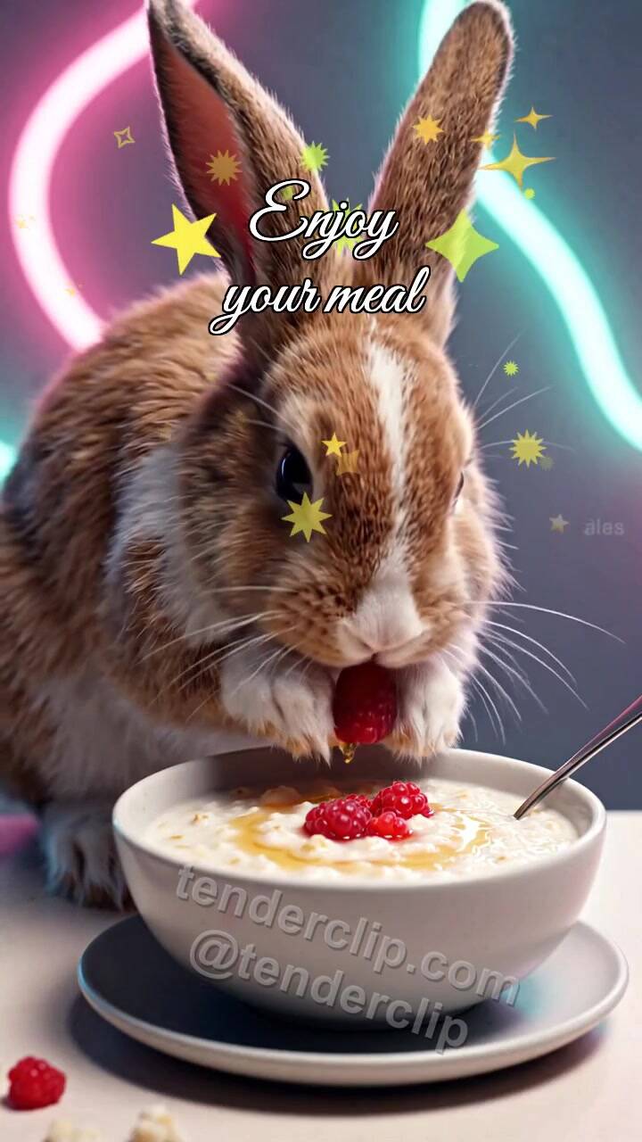 Animated greeting card about Enjoy your meal: bunny brings berry to porridge