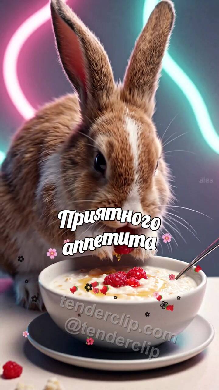Анимационная открытка на тему Приятного аппетита: зайчонок приносит ягоду к каше