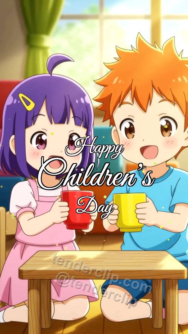 Animated greeting card about Happy Children’s Day: toys have a tea party