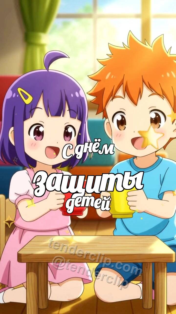 Анимационная открытка на тему С днём защиты детей: плюшевые игрушки устраивают чаепитие