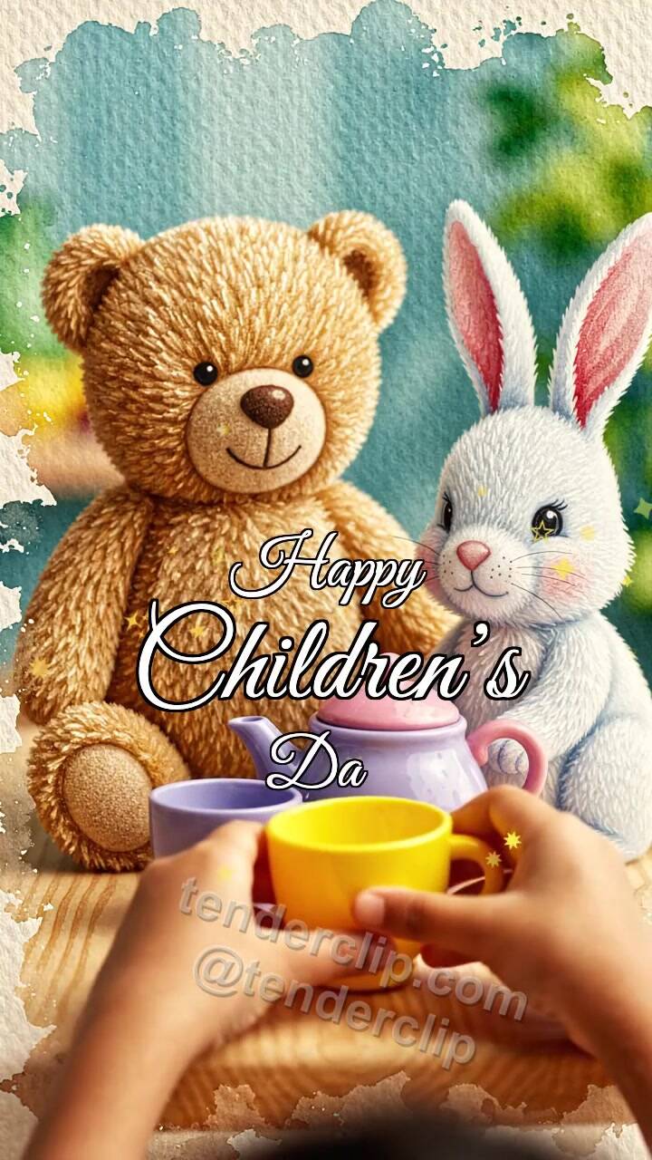 Animated greeting card about Happy Children’s Day: toys have a tea party