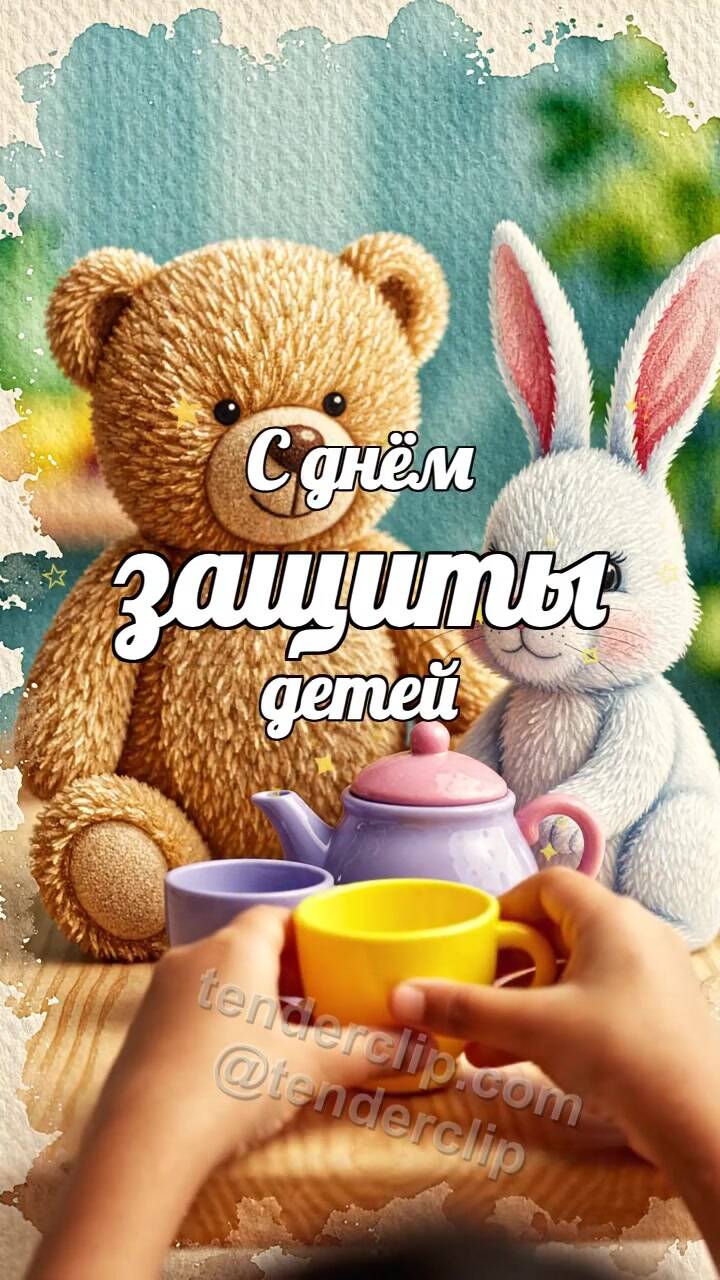 Анимационная открытка на тему С днём защиты детей: плюшевые игрушки устраивают чаепитие