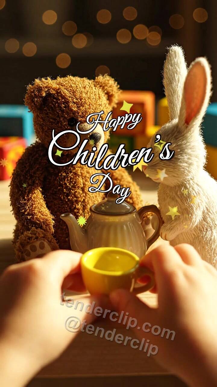 Animated greeting card about Happy Children’s Day: toys have a tea party