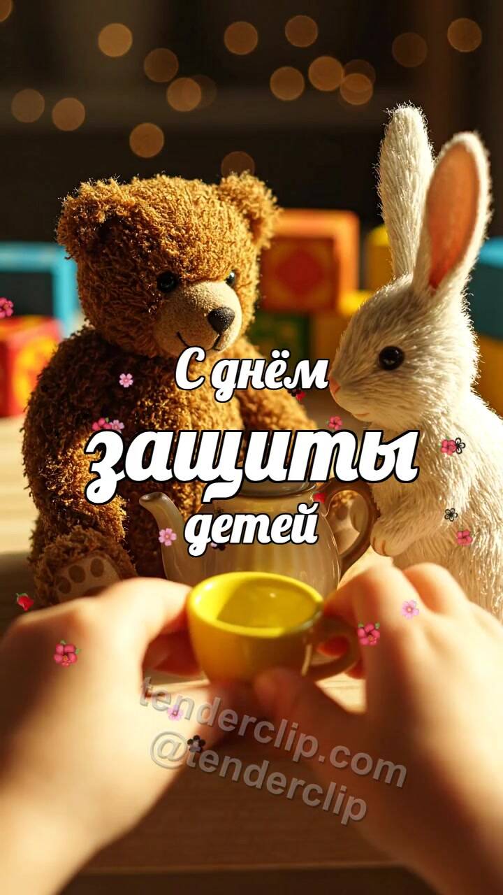 Анимационная открытка на тему С днём защиты детей: плюшевые игрушки устраивают чаепитие