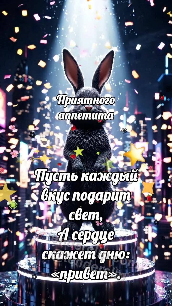 Анимационная открытка на тему Приятного аппетита: Зайчик на вершине