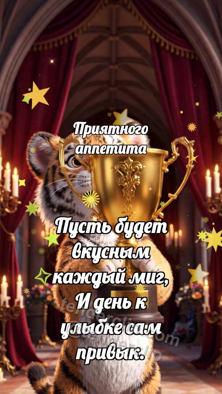 Анимационная открытка на тему Приятного аппетита: Тигрёнок получает трофей