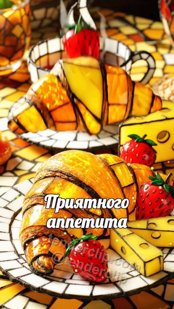 Анимационная открытка на тему Приятного аппетита: круассан раскрывает завтрак
