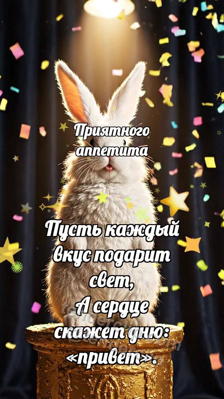 Анимационная открытка на тему Приятного аппетита: Зайчик на вершине