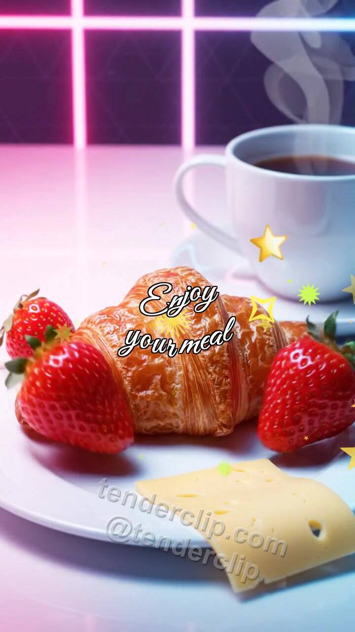 Animated greeting card about Enjoy your meal: croissant opens breakfast plate