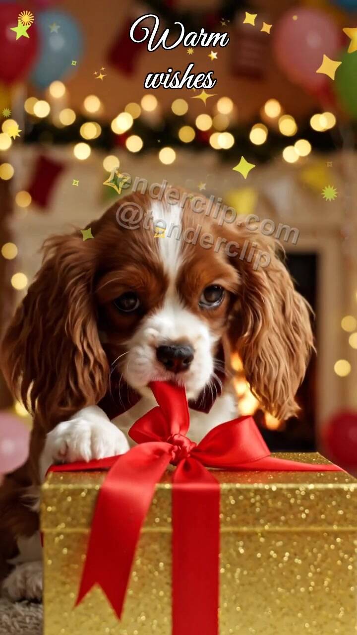 Animated greeting card about Warm wishes: Puppy Gift Ribbon
