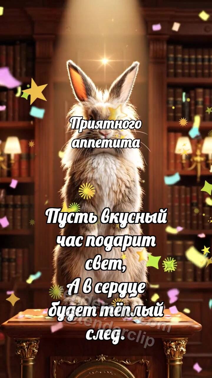 Анимационная открытка на тему Приятного аппетита: Зайчик на вершине
