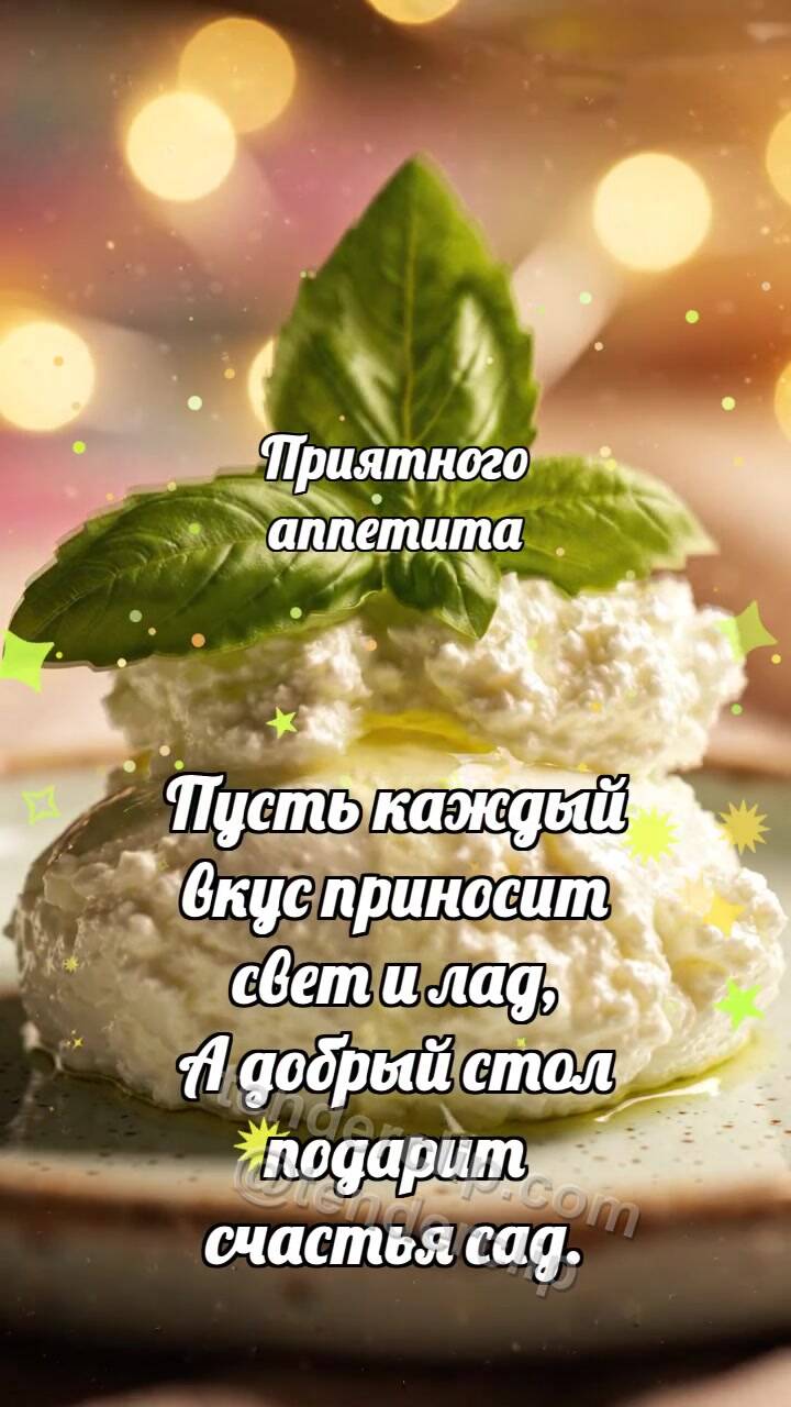 Анимационная открытка на тему Приятного аппетита: Рикотта держит базилик