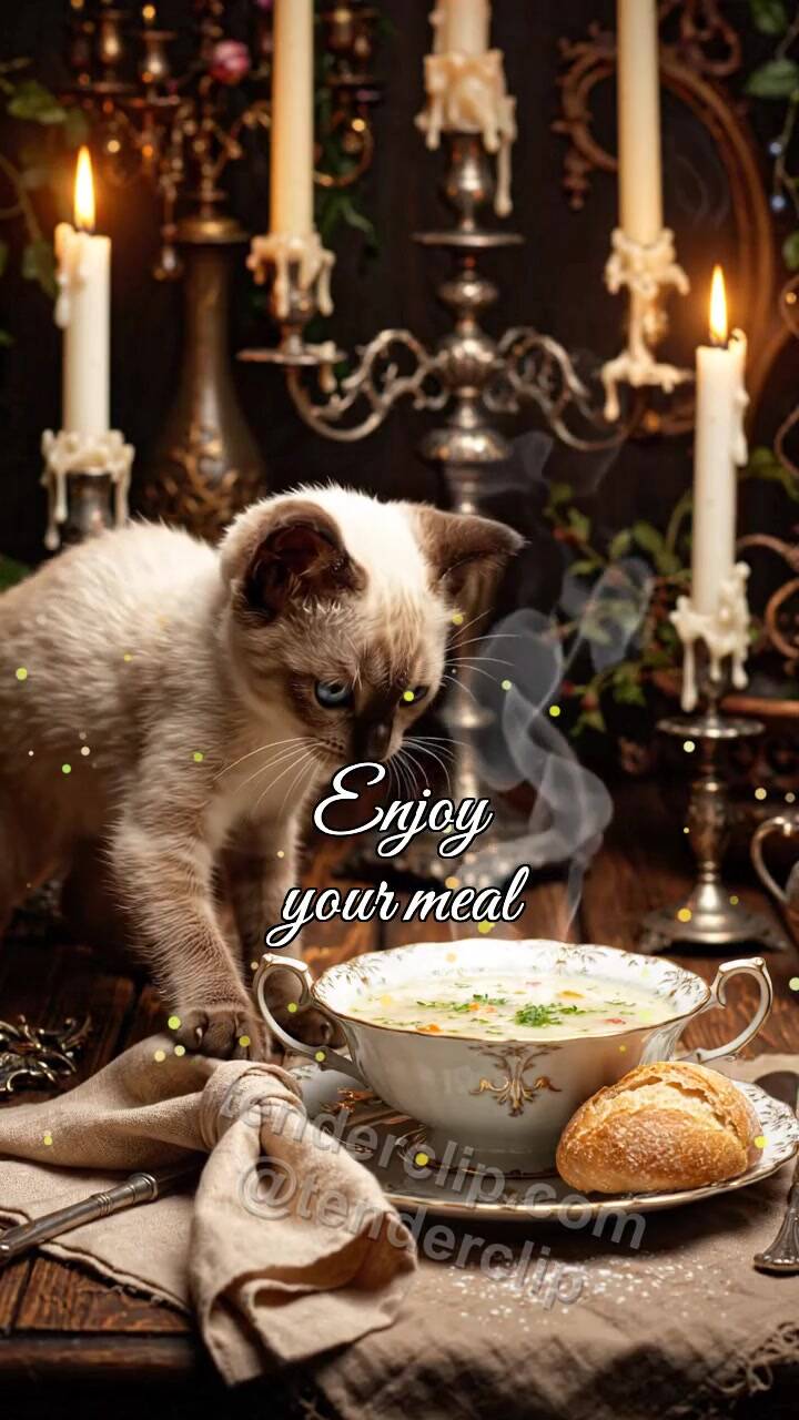Animated greeting card about Enjoy your meal: kitten places bread near plate