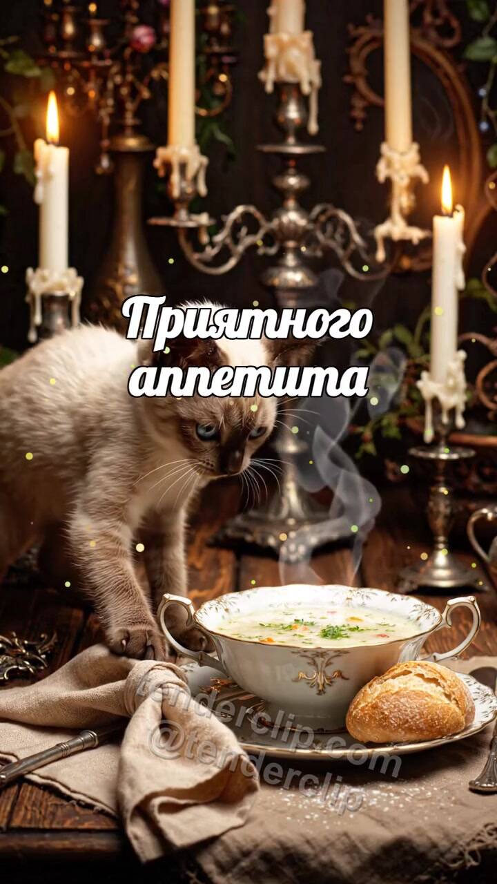Анимационная открытка на тему Приятного аппетита: котёнок ставит хлеб к тарелке