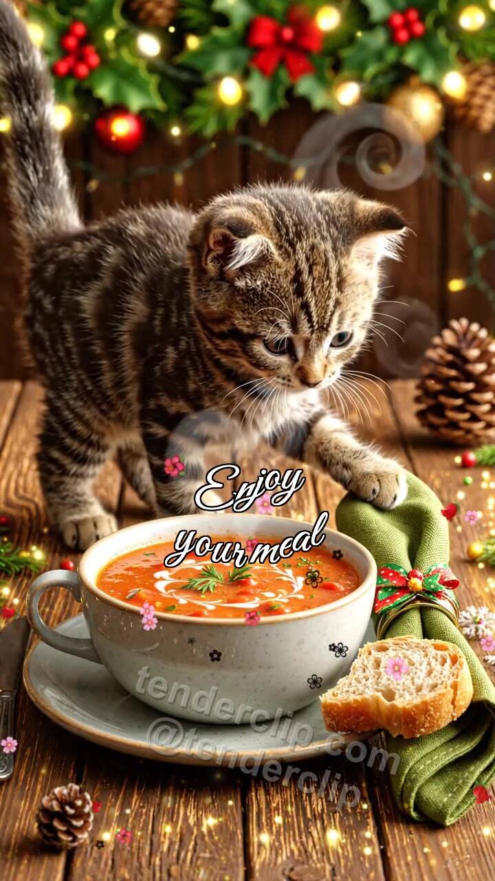 Animated greeting card about Enjoy your meal: kitten places bread near plate