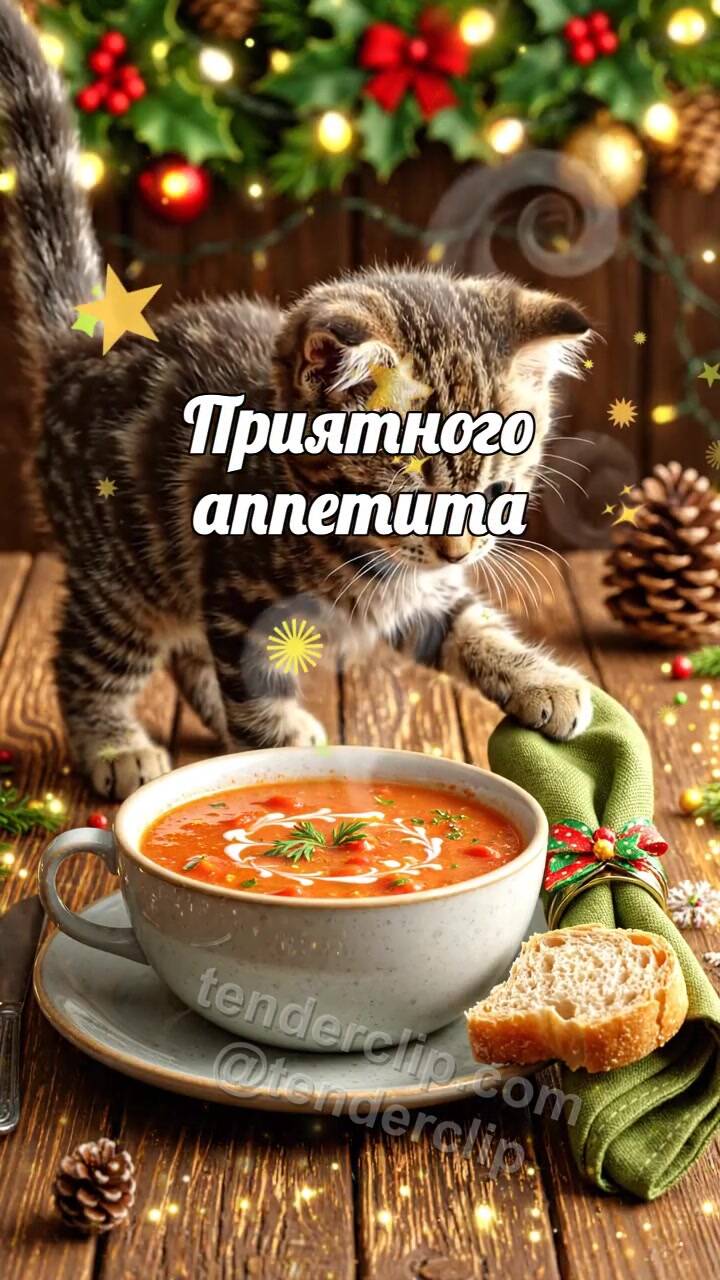 Анимационная открытка на тему Приятного аппетита: котёнок ставит хлеб к тарелке