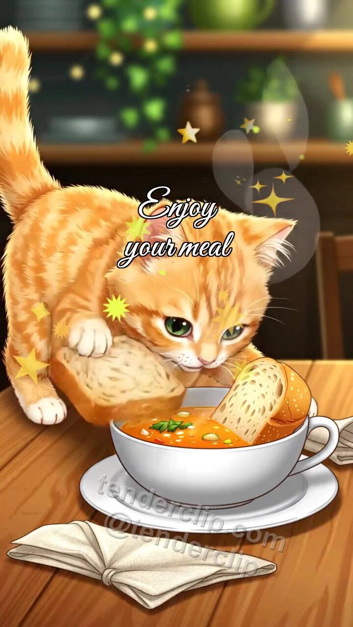 Animated greeting card about Enjoy your meal: kitten places bread near plate