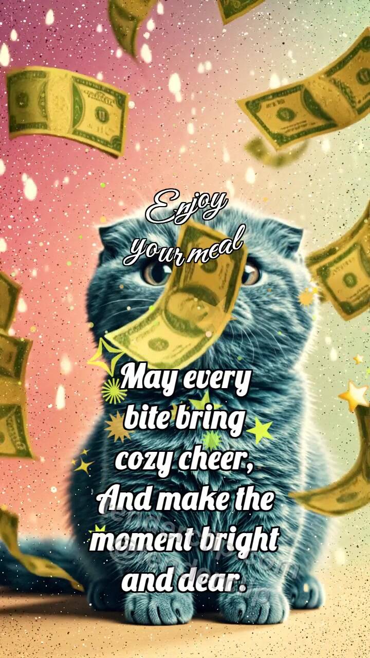Animated greeting card about Enjoy your meal: Kitten Under Money Rain