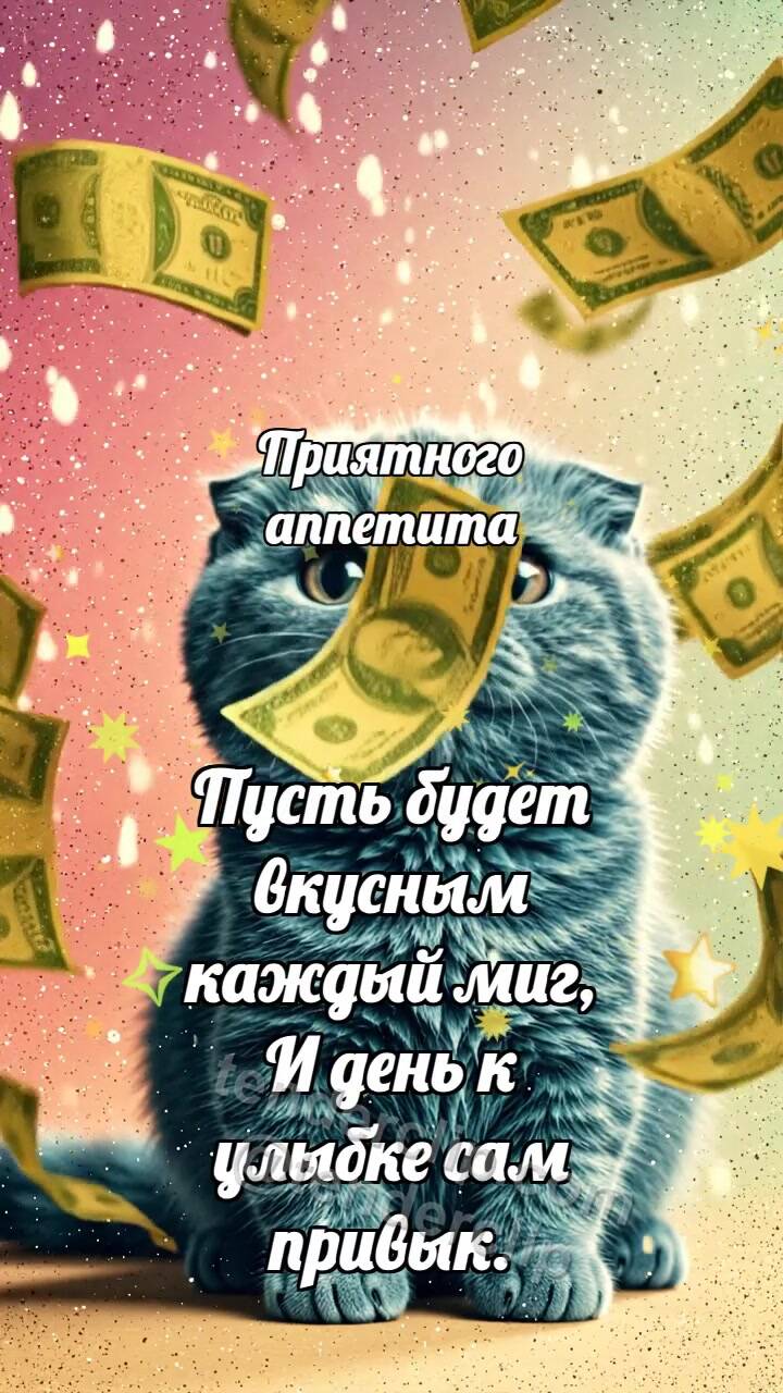 Анимационная открытка на тему Приятного аппетита: Котёнок под дождём денег