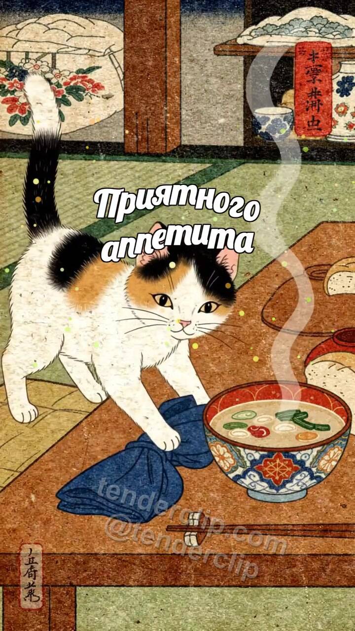 Анимационная открытка на тему Приятного аппетита: котёнок ставит хлеб к тарелке