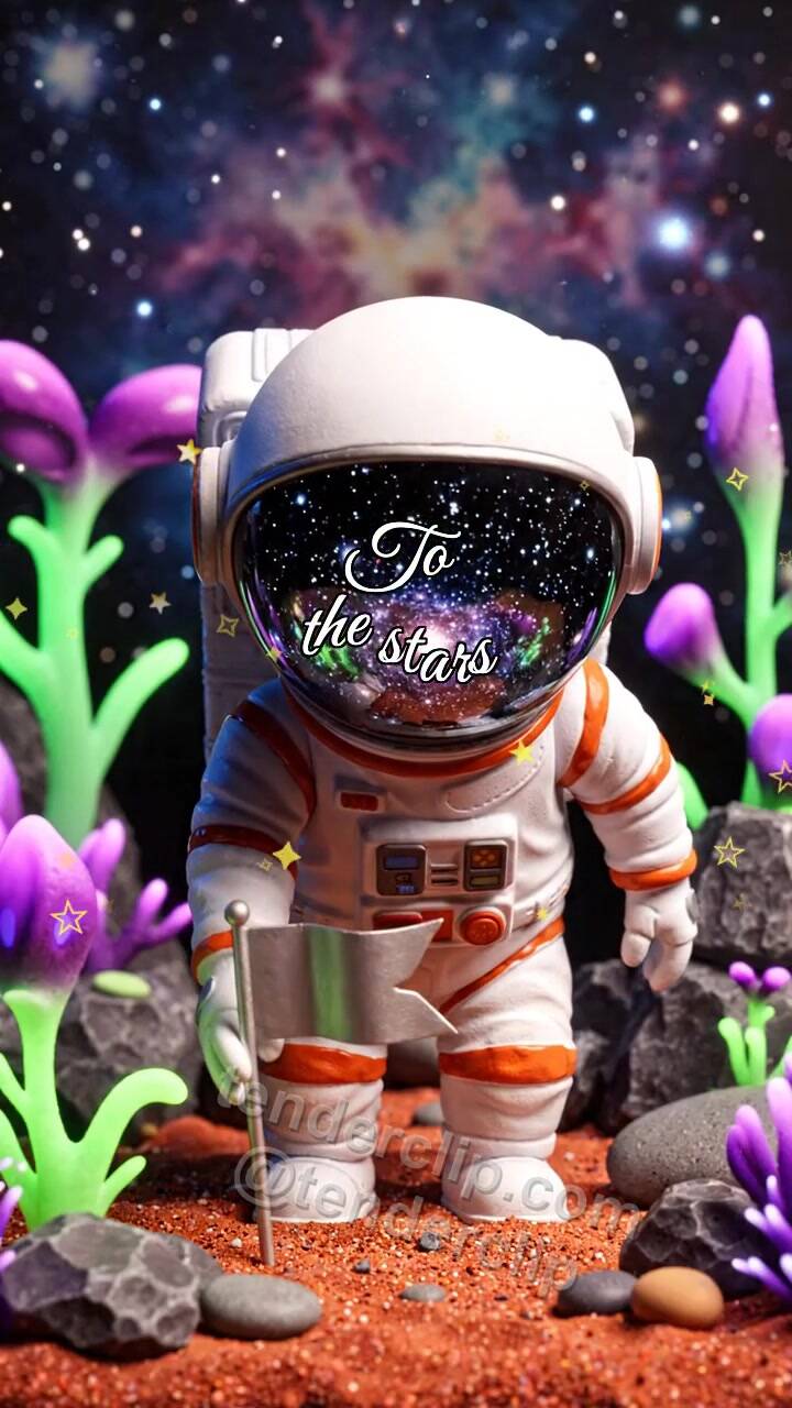 Animated greeting card about To the stars: helmet reflects stars