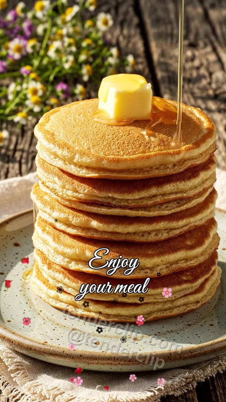 Animated greeting card about Enjoy your meal: butter melts on pancake stack